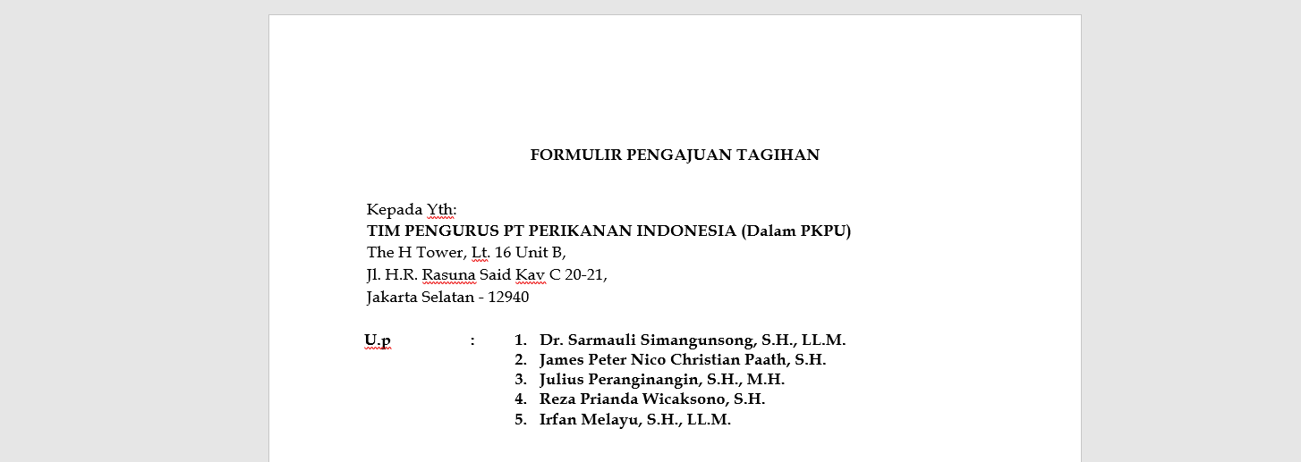 Formulir Pengajuan Tagihan Kreditor PT Perikanan Indonesia (Dalam PKPU)